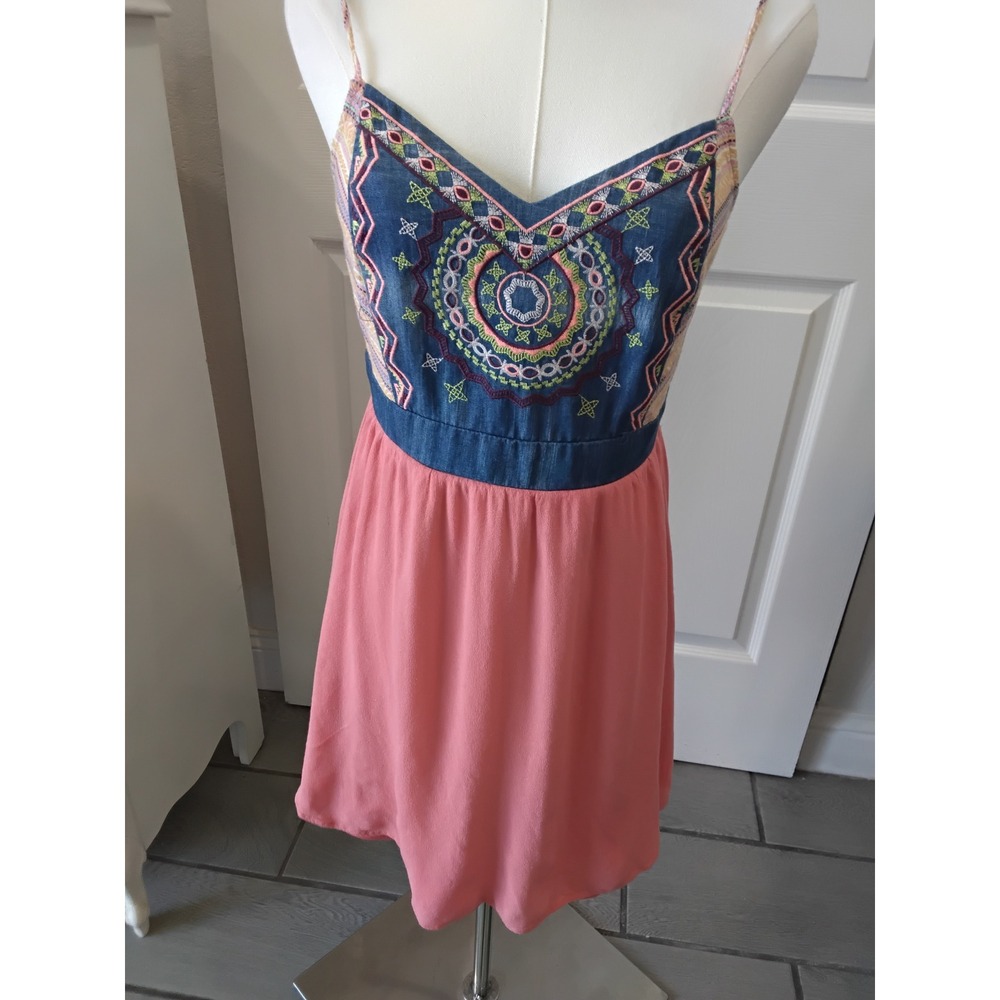 Boho Embroidered Denim Bodice Mini Dress Coral Pink Mixed Media Festival-Small